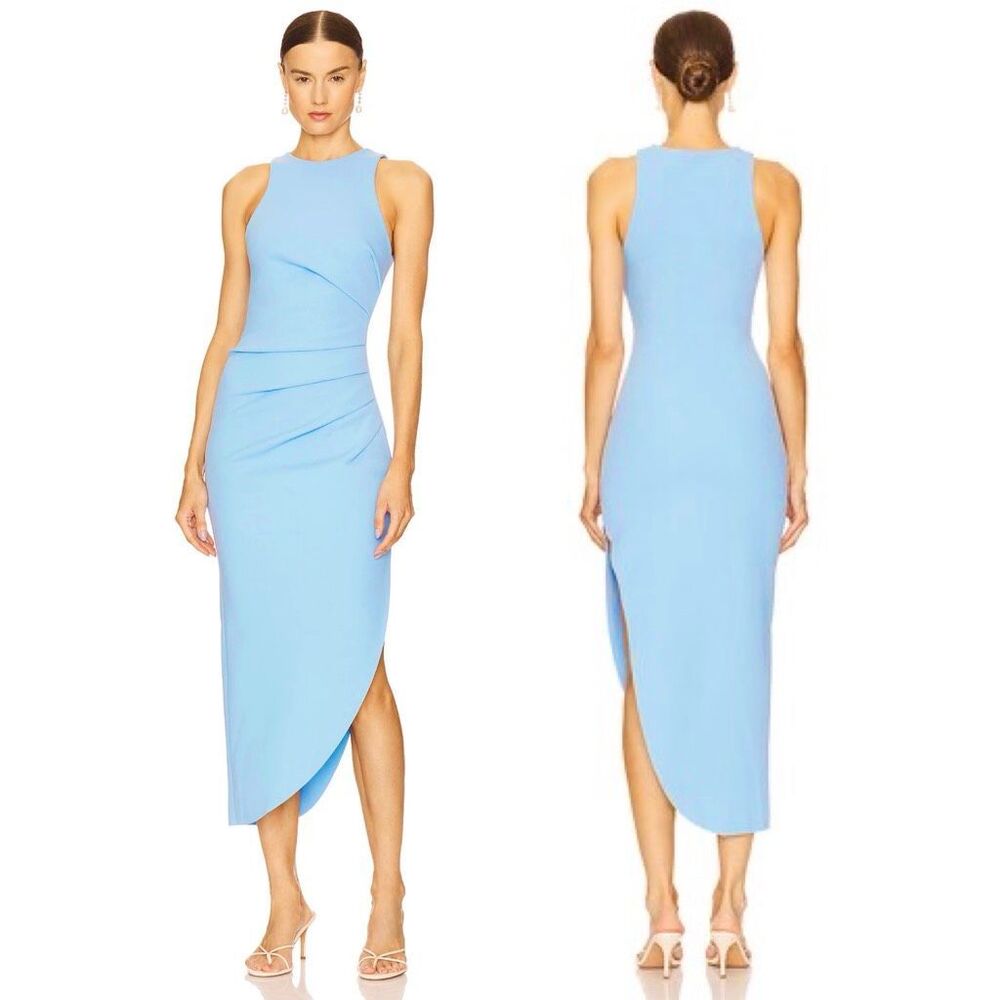 Misha Ida Dress Powder Blue Ruched Asymmetrical Midi 2 Chic Modern Minimalist